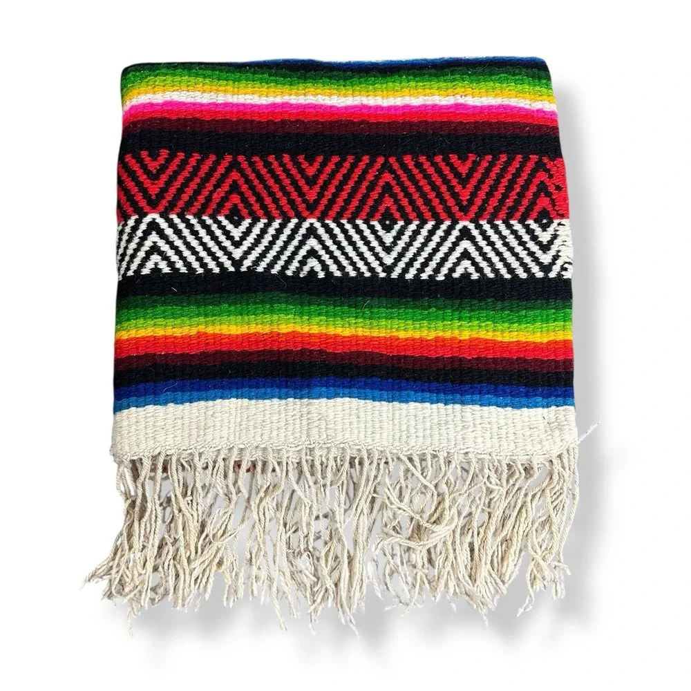 Vintage Mexican Serape Poncho Large Heavy‎ Textile Woven Wool 70x74 w/ Fringe